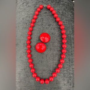 Vintage early 80s necklace and earrings 2 pc set. Red.